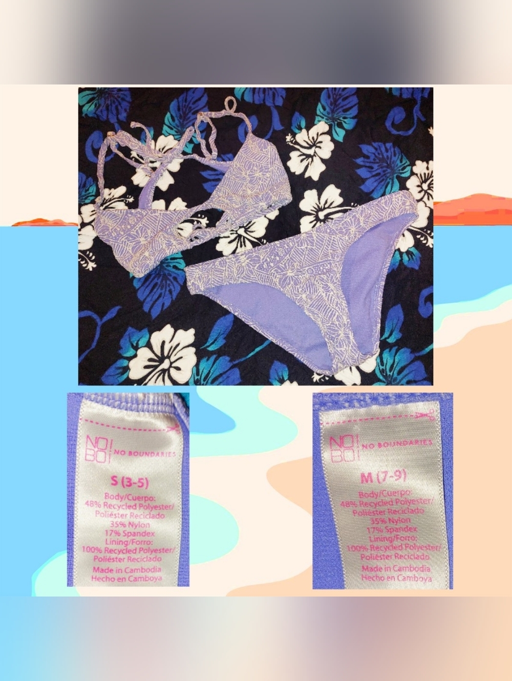 No Boundaries Lavender/Wht Floral/Geometric Print Bikini Top Sz S & Bottom Sz M